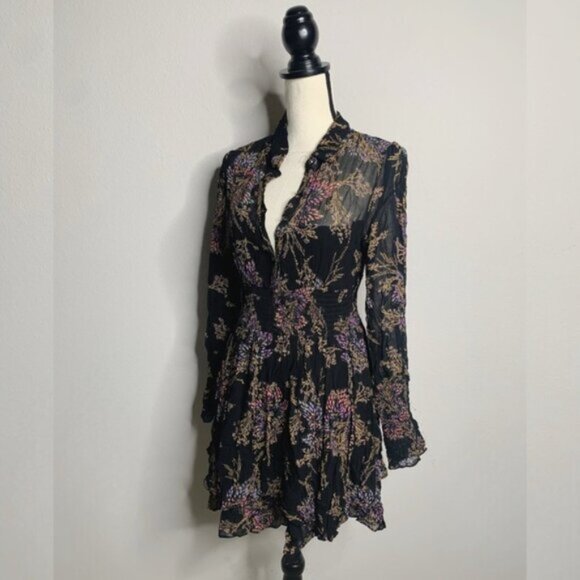 Free People Fake Pretend Black Print Long Sleeve Mini Dress - Picture 5 of 14